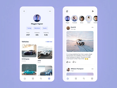 Automotive Social App automotive cars clean dashboard feed minimal mobile app motorsport social media social media app social media profile user profile uxui