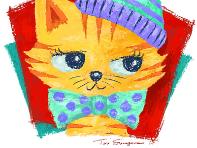 Kitten wearing knit cap and tie animals cat character character design illustration kitten kitty pet