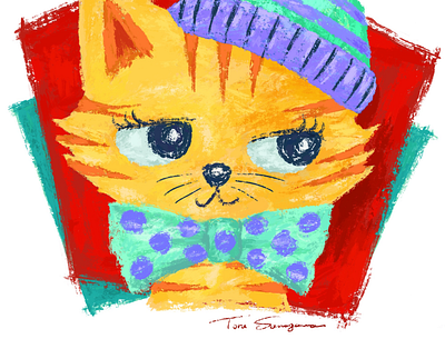 Kitten wearing knit cap and tie animals cat character character design illustration kitten kitty pet