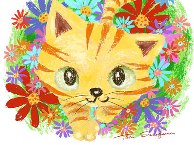 Kitten walking in flower garden animals cat character character design illustration kitten kitty pet