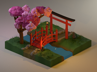 Isometric Japanese Garden 3d blender bridge garden isometric japan torii traditional