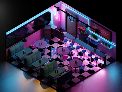 American Diner (Night Version) 3d american blender coca cola isometric neon night reflections