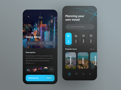 Travel App 🌎 app black clean concept dark design flight hotel mobile tour tourism train travel trip ui uidesign ux