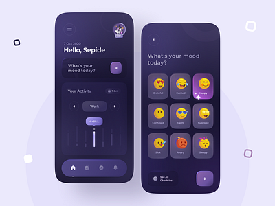 Mood App ⚡️ app concept consept daily dark dark mode design emoji game illustration style tracker ui unicorn