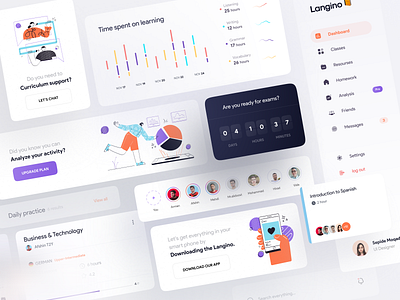 Language learning Dashboard | Components analysis app character chart class component dashboard dashboard ui download graph illustration illustrator language learning menu profile social story support time