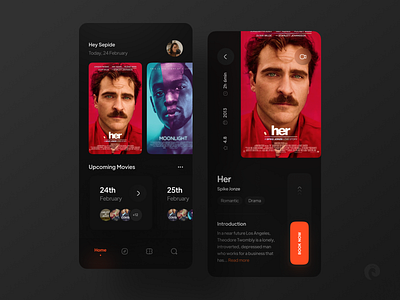 Cinema App 🎬 app book cinema4d clean concept dark dark app film find movie profile red ticket ticket booking trailer trend ui