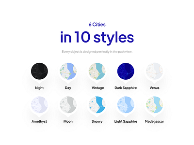 Localy Styles — Map kit × 6 Cities in 10 Styles city clean color dark dark blue day detail kit madagaskar map kit maps minimal moon pin simple snowy style svg map venus vintage