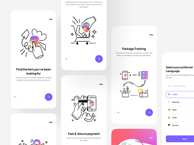 Shoplon’s onboarding screens 3d app art branding clothes design e commerce illustration illustrator light onboarding online shop payment procreate product shoplon shopping store track order ui kit