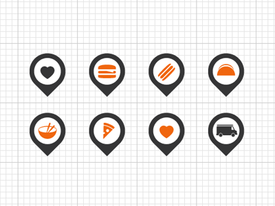 Foodicons icons burger taco asian heart truck map marker pizza slice grid