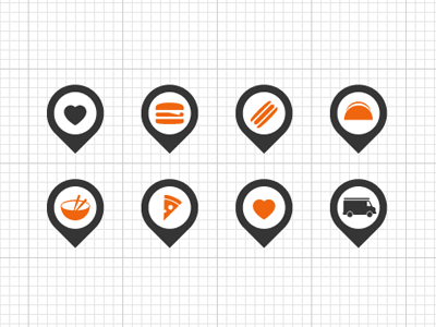 Foodicons asian burger grid heart icons map marker pizza slice taco truck