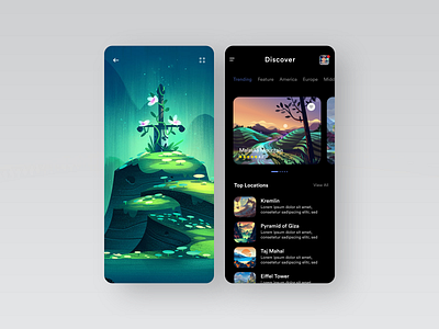 Trip Visit App #001- Dark Version adobe adobexd app awesome design clean colors dark dark version design illustraion new online popular psd shot trip ui uiux