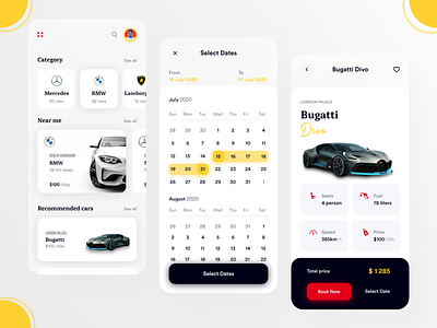 Car Rental App adobexd app calender carbooking clean design new popular rentalcar rentalcarapp shot ui uidesign uiux uxdesign