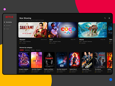 Movie Application #1- Desktop Dark Version adobe adobexd black clean color colors darkversion design desktopapp movie new online popular shot trending ui uiux ux watch yellow