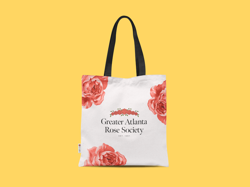 Merchandise for Greater Atlanta Rose Society branding livingcoral logo mockup rose tote