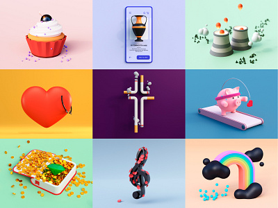 Illustrations Vol 1 Collection 3d blender c4d clean cloud collection colors cute cycles doodle flat heart illustration neomorphism pig rainbow render rendering sweet user interface