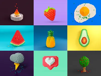 Pixel Art 3D Exploration - Collection 3d 3d art 3d illustration app art blender c4d concept cycles design doodle icon illustration minimal object pixel pixelart render rendering simple