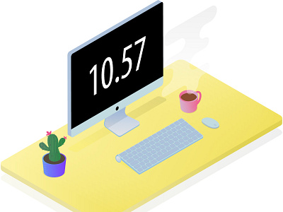 Working area with macbook. Isometry background branding cactus coffee compute design flower illustration isomatric macbook table tea time vector work