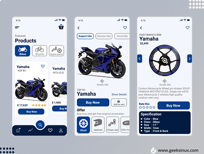 Yamaha Bike Selling App branding design geeksinux muhammad nawaz rizvi ui kit uiux design yamaha bikes selling app