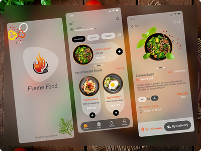 Flame Food App Glassmorphism flame food app food app geeksinux glassmorphism illustration interaction design muhammad nawaz rizvi product design ui uiux