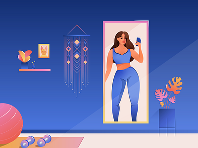 Mirror Selfie active body color design fitness form gradient home workout illustration monstera selfie workout