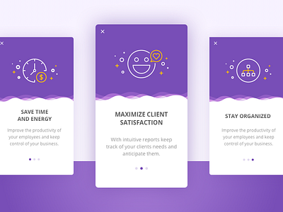 Onboarding app cards design icons material material design minimal onboarding purple yellow