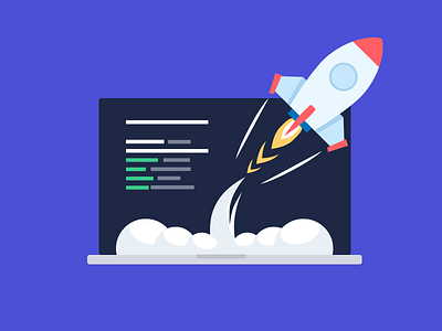 Launch your product blue clean code computer flat illustration minimal programming rocket vector