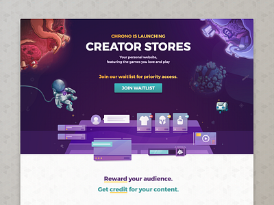 Creator Stores Waitlist Landing Page chrono.gg content creators creator stores css game gaming icon design illustration landing page space streaming ui uidesign vector web design