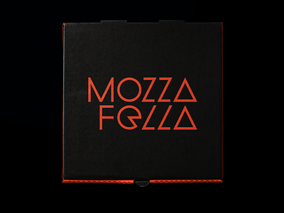 Mozzafella black branding design geometric logo orange pizza pizza box print stationery