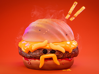 BIG Cheeseburger With Personality🍔 3d 3d modeling blender blender3d bread burger character characterdesign cheese corn cute cycles dribbble fast food frenchfries hamburger moustache original red smoke