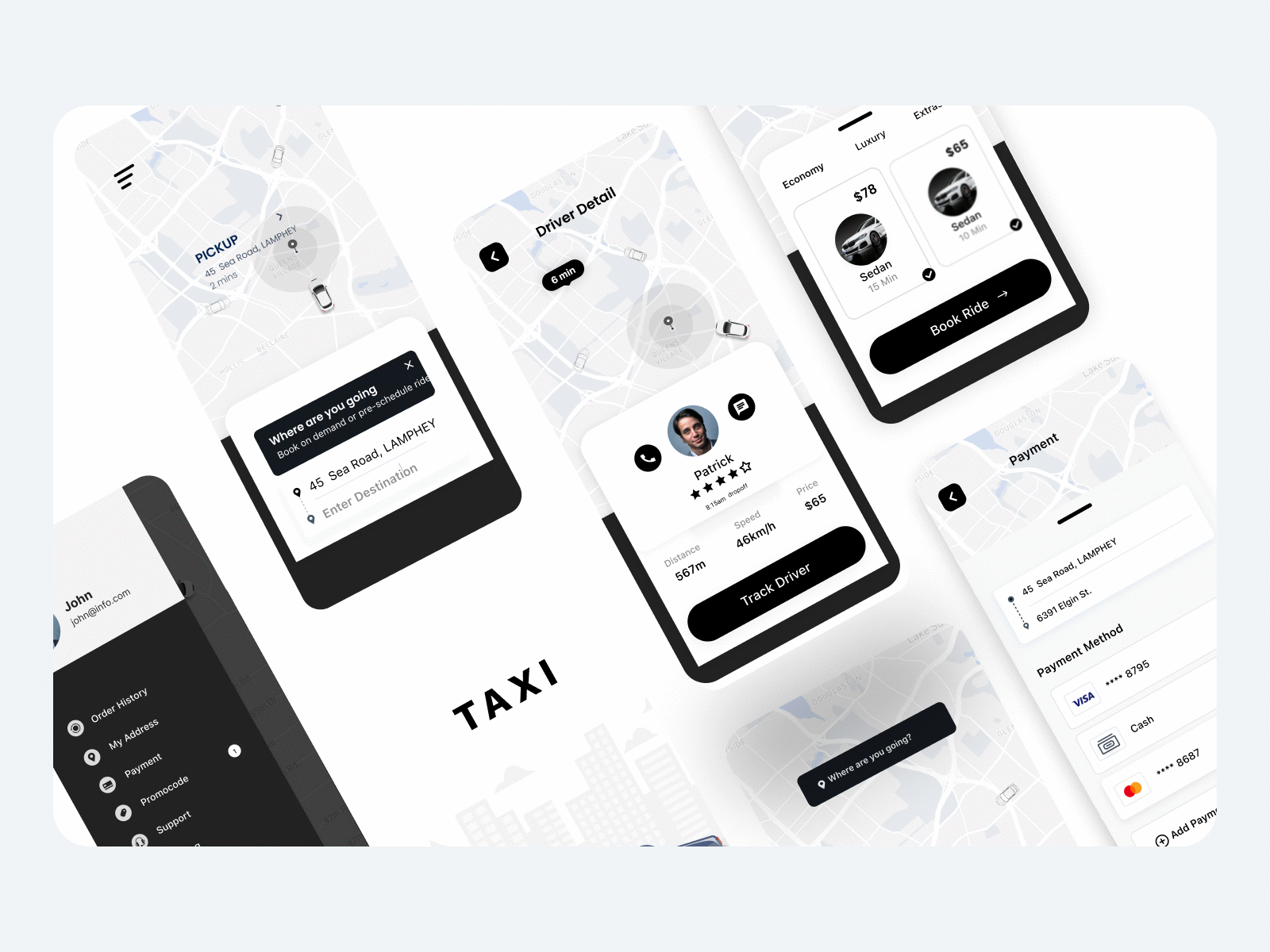 Taxi Booking App UI Kit app booking clean design illustration interface ios map mobile app navigat riding app route taxi taxi app taxi booking taxi booking app taxi driver ui uiux ux