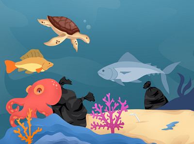 Underwater life that has been polluted by plastic waste animation art branding design flat flatdesign graphic design icon illustration motion graphics ui vector
