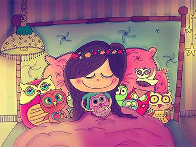 Owlie Girl! full illustration art bed color cute digital girl illustration lamp owl room sketch