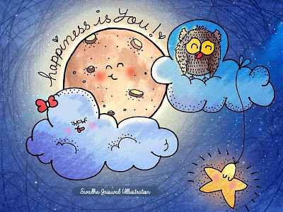 moon love cloud cute doodle illustration moon owl sky star