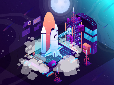 Productivity Launch Pad Isometric Illustration app cosmos design digital flat illustration isometric landing page launchpad meteor moon nebula rocket simple space spaceships stars technologies ui