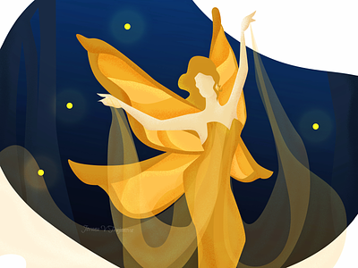 The Dancer and The Fireflies design drawing fairy firefly girl gradient illustration leafs magic night pixie sky stars vector