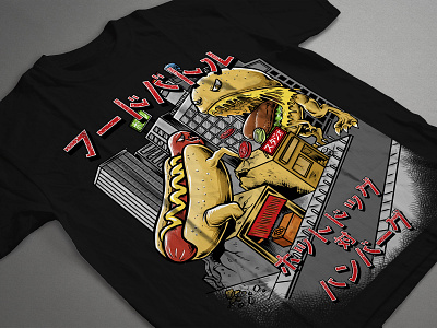 Hotdog vs hamburger burger design godzilla hamburger hotdog illustration japan japanese monster polkadothero tshirt tshirtdesign