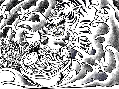 tiger ramen animation branding design flat food godzilla illustration japan japanese kanagawa logo monster polkadothero ramen t shirt tatto tiger tshirt tshirtdesign vector