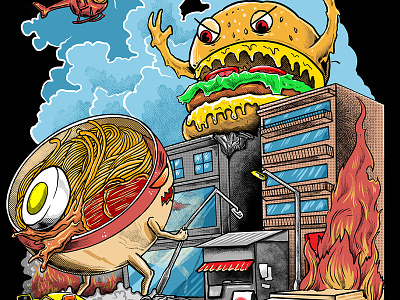 ramen vs hamburger animation branding burgers godzilla icon illustration japan japanese kanagawa king of monster logo monster polkadothero ramen t shirt tshirtdesign typography vector