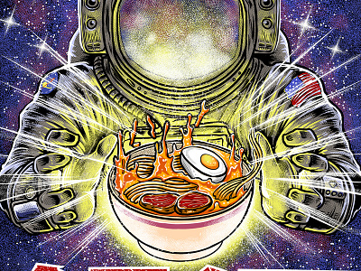 galaxy ramen astronout branding design godzilla icon illustration japan japanese logo monster nasa polkadothero ramen space spacex t shirt tshirt tshirtdesign ui vector