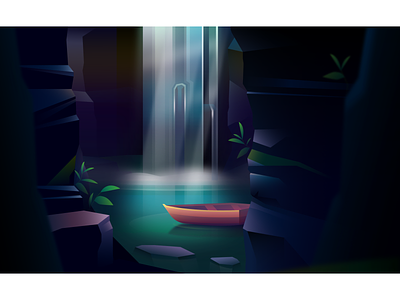 Waterfall Cave affinity designer boat cave illustration nature plants water waterfall