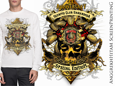 merch anniv scorpio indonesian motor club borneo design design art gold golden illustration indonesia kalimantan mc motorbike motorclub motorcycle mythical creature skull traditional tshirt design tshirt graphics