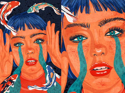 A mysterious crying girl surrounded by Japanese carp fish art artwork character design concept digital portrait femile fish illustration lady portrait procreate woman