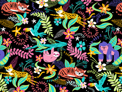 Jungle Pattern animal art animal illustration cheetah cute floral illustration floral pattern gorillas graphic design graphicart illustration jungle illustration jungle pattern kids art nature pattern sloth snake textile textile pattern tiger