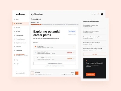 Weadmit - Dashboard animation brand identity branding college dashboard design edtech learning logo parents startup student timeline ui ux vector