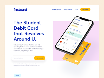 Firstcard – Landing Page animation brand identity branding debit design fintech illustration logo mockup photography startup students ui ux vector