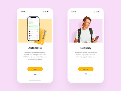 Firstcard – Onboarding Screens animation app brand identity branding design illustration logo mobile onboarding photography startup student ui ux