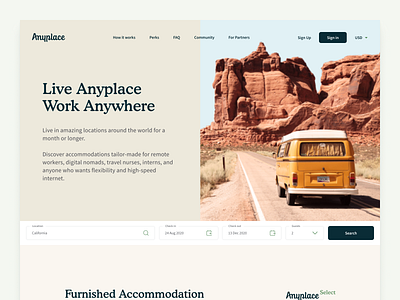 Anyplace – Landing Pages above the fold airbnb animation brand identity branding design illustration landing page logo nomad remote renting startup travel ui ux vector