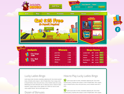 Lucky Ladies Bingo website design awesome bingo brand cartoon casino character clean colorful design gambling game gaming illustration logo mascot playful slots ui vector web