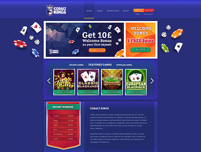 Cobalt Kings Website awesome bingo brand cartoon casino character clean colorful design gambling game gaming illustration logo mascot playful slots ui vector web