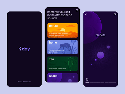 1Day: Sound atmosphere App Design 1day app atmosphere color design drawing flat illustration interface meditation mental health music nature planet relax sound space ui ux zen